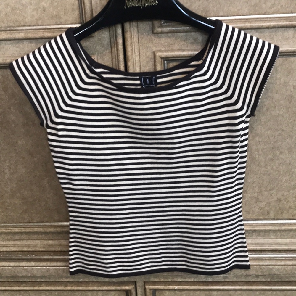 INC BROWN & CREAM STRIPED SLEEVELESS PETITE SHIRT